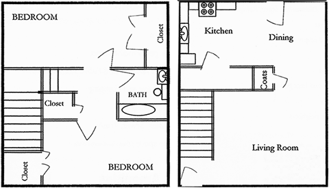 Floor plan for 2 beds, 1 bath, 840 sqft